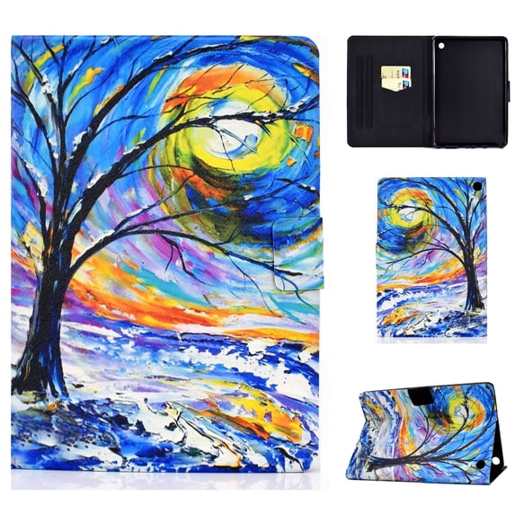 SaniMore Case for Fire 7" 12th Gen 2022, PU Leather Tablet Auto Wake/Sleep Card Holder Anti-slip Strip Kickstand Shockproof TPU Backplane Wallet Cover for Fire 7" 12th Gen, Watercolor Tree