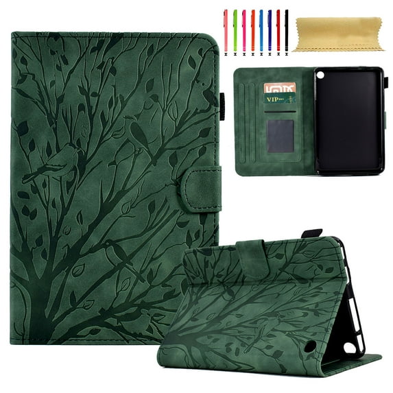 SaniMore Case for Fire 7" 12th Gen 2022, PU leather Embossed Tree with Auto Sleep/Wake Pen Holder Card Slots Anti-slip Strip Flip Folio Wallet Business Cover, Green