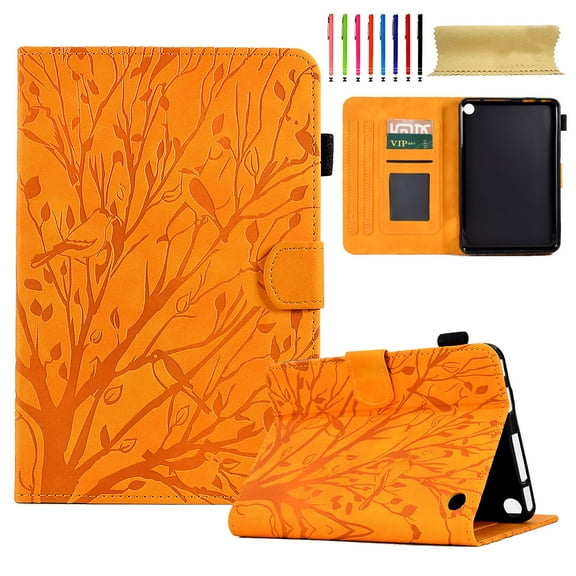 SaniMore Case for Fire 7" 12th Gen 2022, PU leather Embossed Tree with Auto Sleep/Wake Pen Holder Card Slots Anti-slip Strip Flip Folio Wallet Business Cover, Khaki