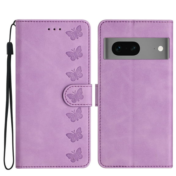 SaniMore Case for Google Pixel 7 6.3" 2022, [Card Slots + Cash Pocket] Removeable Wrist Strap PU Leather Embossed Butterfly Flip Kickstand Magnetic Clasp Full Body Protective Shell, Purple