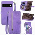 thumbnail image 1 of SaniMore Case for Google Pixel 7 6.3" 2022, PU Leather Zipper Wallet Detachable Lanyard Retro Embossed Flower Crad Slots Flip Kickstand Full Body Protective Drop-proof Case For Google Pixel 7, Purple, 1 of 6