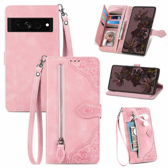 SaniMore Case for Google Pixel 7 6.3" 2022, PU Leather Zipper Wallet Detachable Lanyard Retro Embossed Flower Crad Slots Flip Kickstand Full Body Protective Drop-proof Case For Google Pixel 7, Pink