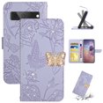thumbnail image 1 of SaniMore Case for Google Pixel 7A 6.1" 2023, [Crossbody/Wrist Lanyard] PU Leather Embossed Butterfly [Diamond Clasp] Card Slots Kickstand Shockproof Glitter Wallet Shell, Lightpurple, 1 of 13