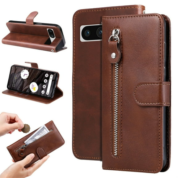 SaniMore Case for Google Pixel 7A 6.1" 2023, Zipper Wallet Pocket Caed Slots Retro PU Leather Shockproof Drop-proof Flip Kickstand All-around Protective Shell For Google Pixel 7A, Brown