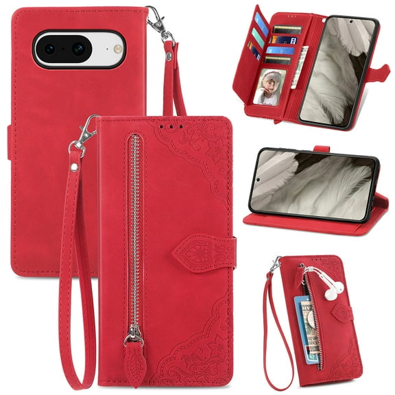SaniMore Case for Google Pixel 8 6.2" 2023, PU Leather Zipper Wallet Detachable Lanyard Retro Embossed Flower Crad Slots Flip Kickstand Full Body Protective Drop-proof Case, Red