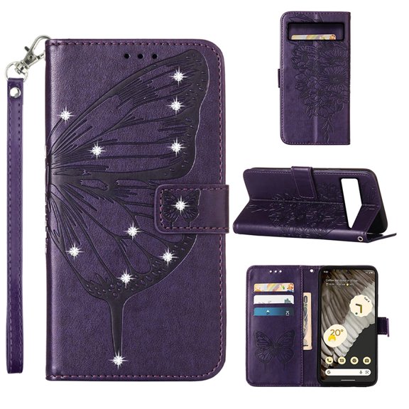 SaniMore Case for Google Pixel 8, PU Leather Luxury Embossed Butterfly Glitter Diamond [Wrist Strap & Card Slots & Flip Kickstand] Full-body Shockproof Wallet Cover For Google Pixel 8, Purple