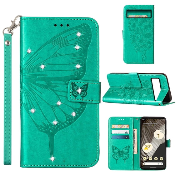 SaniMore Case for Google Pixel 8, PU Leather Luxury Embossed Butterfly Glitter Diamond [Wrist Strap & Card Slots & Flip Kickstand] Full-body Shockproof Wallet Cover For Google Pixel 8, Green