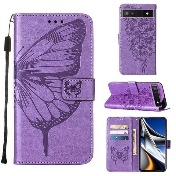 SaniMore Case for Google Pixel 8 Pro (2023), PU Leather Full-body Protective Cover with Luxury Embossed Butterfly [Wrist Strap & Card Slots & Flip Kickstand] Shockproof Wallet Cover, Lightpurple