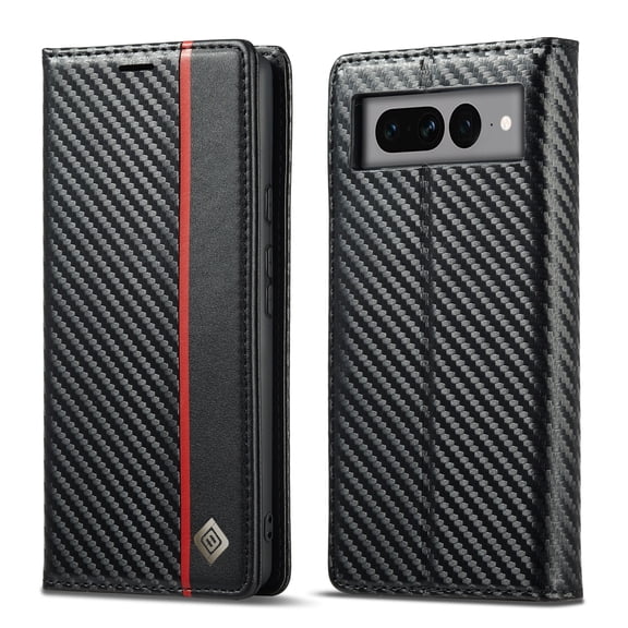 SaniMore Case for Google Pixel 8 Pro 6.7" 2023, Carbon Fiber Skin PU Leather Flip Filio TPU Cover Kickstand Card Slots Cash Pocket Full Body Protetcion Wallet Shell, Black Vertical Line