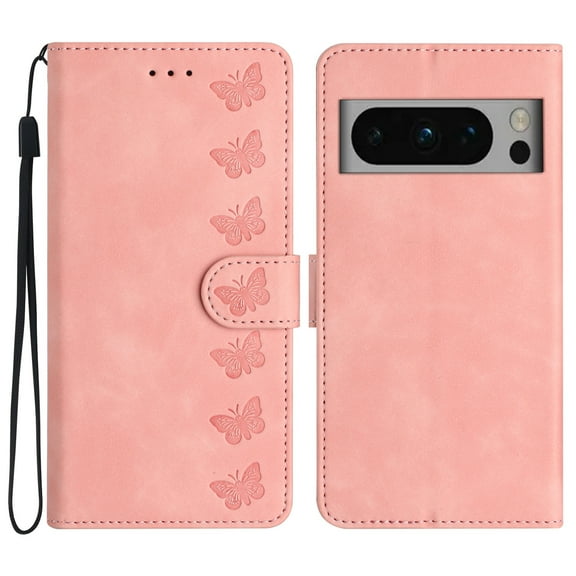 SaniMore Case for Google Pixel 8 Pro 6.7" 2023, [Card Slots + Cash Pocket] Removeable Wrist Strap PU Leather Embossed Butterfly Flip Kickstand Magnetic Clasp Full Body Protective Shell, Pink