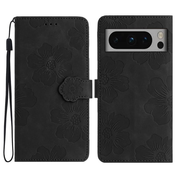 SaniMore Case for Google Pixel 8 Pro 6.7" 2023, [Card Slots + Cash Pocket + Removeable Wrist Strap] PU Leather Embossed Flower Flip Kickstand 360° All-around Protective Wallet Shell, Black