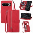 thumbnail image 1 of SaniMore Case for Google Pixel 8 Pro 6.7" 2023, PU Leather Zipper Wallet Detachable Lanyard Retro Embossed Flower Crad Slots Flip Kickstand Full Body Protective Drop-proof Case, Red, 1 of 9