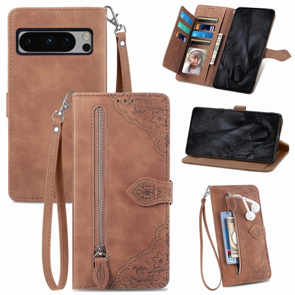 SaniMore Case for Google Pixel 8 Pro 6.7" 2023, PU Leather Zipper Wallet Detachable Lanyard Retro Embossed Flower Crad Slots Flip Kickstand Full Body Protective Drop-proof Case, Brown