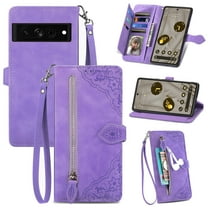 SaniMore Case for Google Pixel 8A 2023, PU Leather Zipper Wallet Detachable Lanyard Retro Embossed Flower Crad Slots Flip Kickstand Full Body Protective Drop-proof Case for Google Pixel 8A, Purple