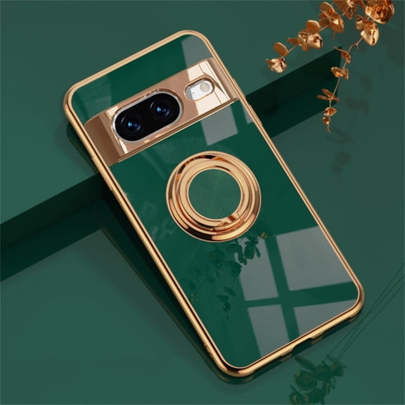 SaniMore Case for Google Pixel 9, Shockproof TPU Backplane + Eletric Plating Border 360 Degree Rotating Ring/Holder Stand Feature Magnetic Car Mount Anti-drop Heavy Duty ProtectIve Case, Darkgreen