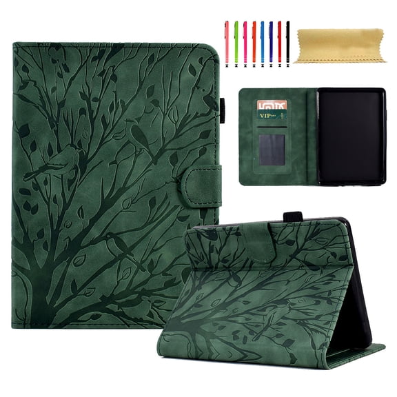 SaniMore Case for Kindle (6" 11th Generation, 2022 Release) (Model No. C2V2L3), PU leather Embossed Tree with Auto Sleep/Wake Pen Holder Card Slots Flip Folio Wallet Business Cover, Green
