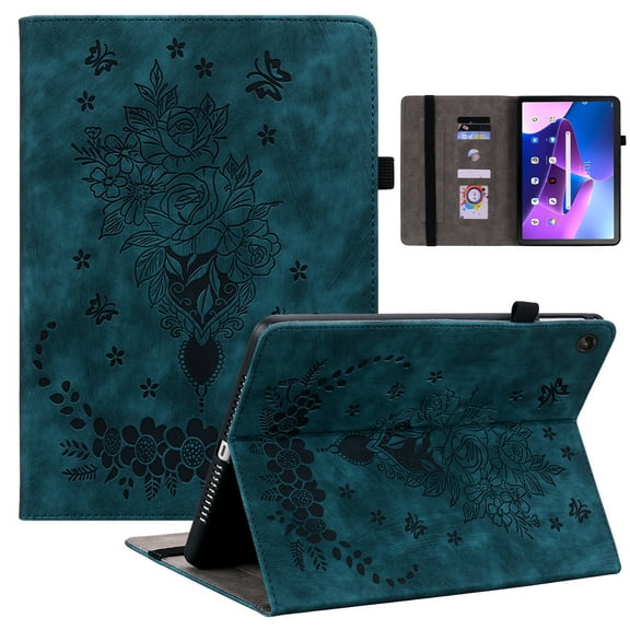 SaniMore Case for Lenovo Tab M10 Plus 3rd Gen 10.6 inch 2022 TB-125F/128F, Anti-slip Grooves Kickstand [Pencil Holder Card Slots] Embossed Rose PU Leather Shockproof Wallet Shell, Blue