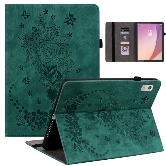 SaniMore Case for Lenovo Tab M9 9" Tablet 2023 Release (Model TB-310FU), Anti-slip Grooves Kickstand [Pencil Holder Card Slots] Embossed Rose PU Leather Shockproof Wallet Shell, Green