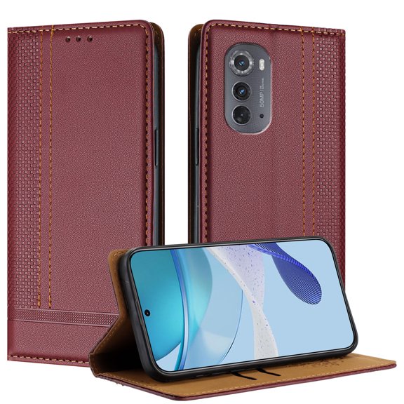 SaniMore Case for Motorola Moto Edge 2023, Wear-resistant PU Leather Retro Durable TPU Shell Flip Folio Stand, Full Body Protection Magnetic Clasp Business Shell, Winered