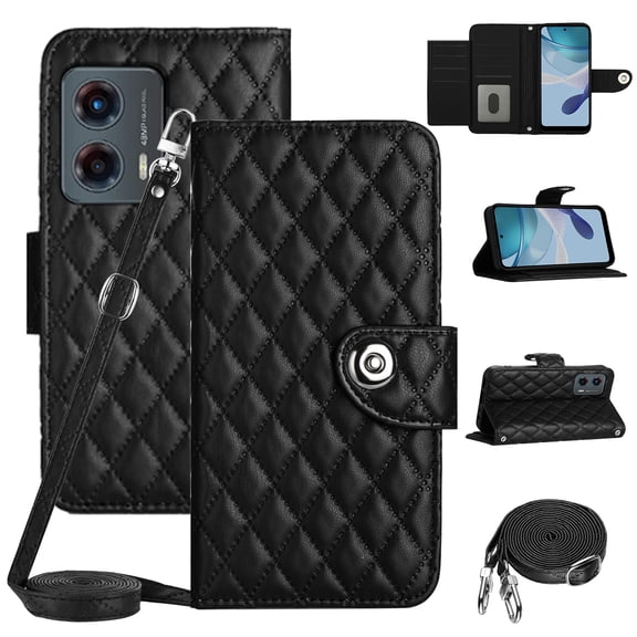SaniMore Case for Motorola Moto G 5G 2023/G Power 2023, PU Leather 3D Lattice Stylish for Girls Crossbody Lanyard Kickstand Card Slots Cash Pocket Magnetic Protective Shockproof Wallet Shell, Black
