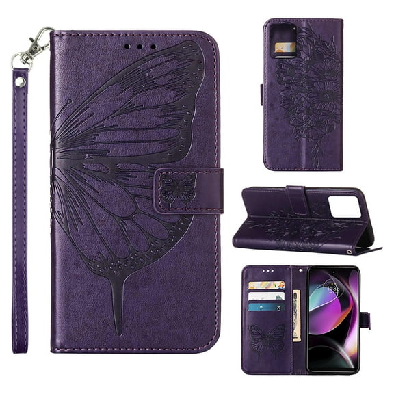 SaniMore Case for Motorola Moto G 5G (6.5" 2023), PU Leather Skin with Luxury Embossed Butterfly [Wrist Strap & Card Slots & Flip Kickstand] Full-body Shockproof Business Wallet Cover, Purple
