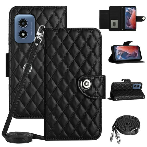 SaniMore Case for Motorola Moto G Play 2023, PU Leather 3D Lattice Stylish for Girls Crossbody Lanyard Flip Kickstand Card Slots Cash Pocket Magnetic Clasp Protective Shockproof Wallet Shell, Black