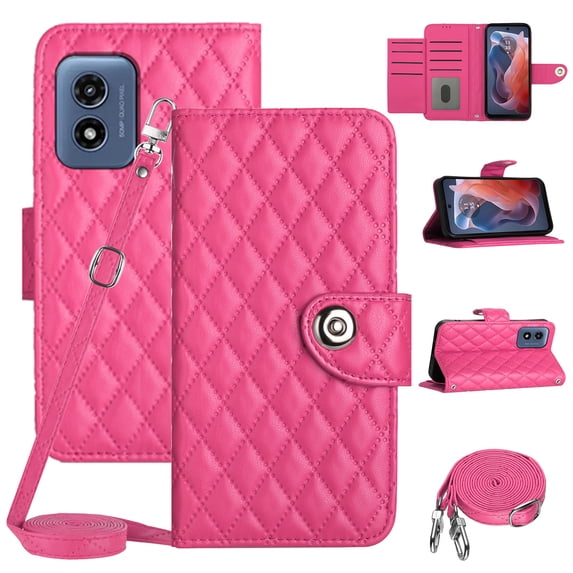 SaniMore Case for Motorola Moto G Play 2024, PU Leather 3D Lattice Stylish for Girls Crossbody Lanyard Flip Kickstand Card Slots Cash Pocket Magnetic Clasp Protective Shockproof Wallet Shell, Rose