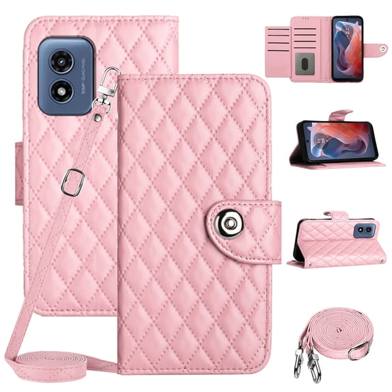 SaniMore Case for Motorola Moto G Play 2024, PU Leather 3D Lattice Stylish for Girls Crossbody Lanyard Flip Kickstand Card Slots Cash Pocket Magnetic Clasp Protective Shockproof Wallet Shell, Pink
