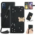 thumbnail image 1 of SaniMore Case for Motorola Moto G Play 6.5" 2023, [Crossbody/Wrist Lanyard] PU Leather Embossed Butterfly [Diamond Clasp] Card Slots Kickstand Shockproof Glitter Wallet Shell, Black, 1 of 12