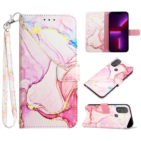 SaniMore Case for Motorola Moto G Power 6.5" 2022 Release, PU Leather Case Luxury Marble Wireless Charigng Hand Rope Fashion Folding Case for Girls Women for Motorola Moto G Power 2022, Rosegold