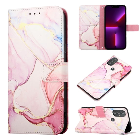 SaniMore Case for Motorola Moto G Pure/Moto G Power 2022, PU Leather Case Luxury Marble Pattern Flip Kickstand Magnetic Clasp Cash Pocket Crossbody Lanyard Fashion Case for Girls Women, Rosegold