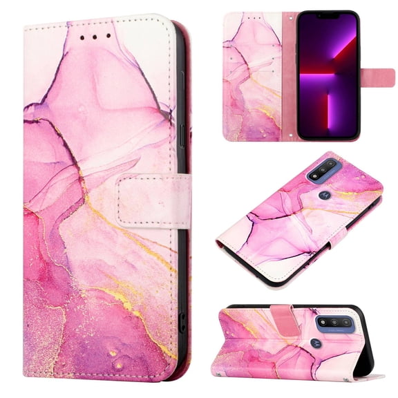 SaniMore Case for Motorola Moto G Pure/Moto G Power 2022 Release, PU Leather Case Luxury Marble Wireless Charigng Hand Rope Fashion Case for Girls Women for Moto G Pure/Moto G Power, Pink/Purple