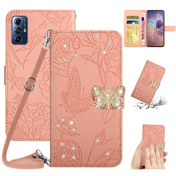 SaniMore Case for Motorola Moto G Stylus 6.5" 2023, [Crossbody/Wrist Lanyard] PU Leather Embossed Butterfly [Diamond Clasp] Card Slots Kickstand Shockproof Shockproof Glitter Wallet Shell, Pink