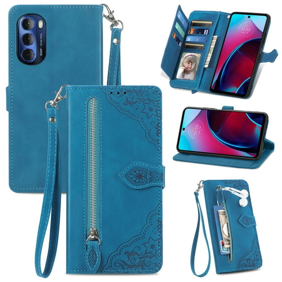 SaniMore Case for Motorola Moto G Stylus 6.5" 2023, PU Leather Zipper Wallet Detachable Lanyard Retro Embossed Flower Crad Slots Flip Kickstand Full Body Protective Drop-proof Cover, Blue