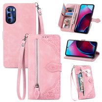 SaniMore Case for Motorola Moto G Stylus 6.5" 2023, PU Leather Zipper Wallet Detachable Lanyard Retro Embossed Flower Crad Slots Flip Kickstand Full Body Protective Drop-proof Cover, Pink