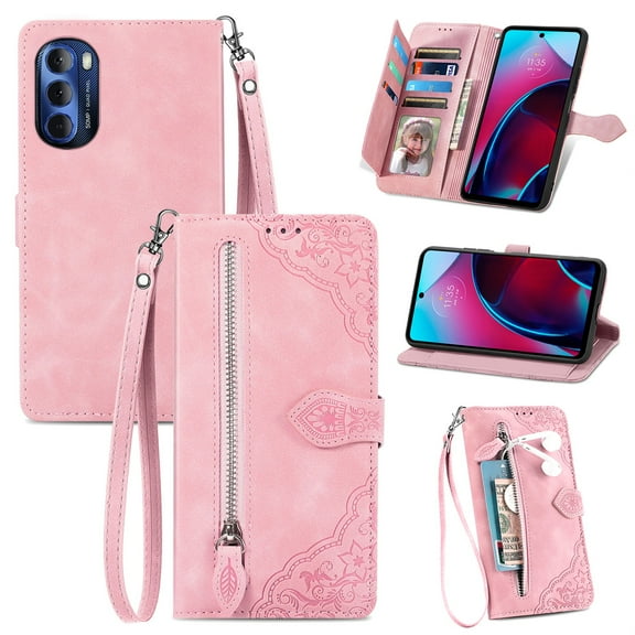 SaniMore Case for Motorola Moto G Stylus 6.5" 2023, PU Leather Zipper Wallet Detachable Lanyard Retro Embossed Flower Crad Slots Flip Kickstand Full Body Protective Drop-proof Cover, Pink
