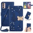 thumbnail image 1 of SaniMore Case for Motorola Moto G42 6.4" 2022, [Crossbody/Wrist Lanyard] PU Leather Embossed Butterfly [Diamond Clasp] Card Slots Kickstand Shockproof Glitter Wallet Shell, Darkblue, 1 of 12