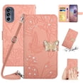 thumbnail image 1 of SaniMore Case for Motorola Moto G62 5G 6.5" 2022, [Crossbody/Wrist Lanyard] PU Leather Embossed Butterfly [Diamond Clasp] Card Slots Kickstand Shockproof Glitter Wallet Shell, Pink, 1 of 12