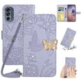 thumbnail image 1 of SaniMore Case for Motorola Moto G62 5G 6.5" 2022, [Crossbody/Wrist Lanyard] PU Leather Embossed Butterfly [Diamond Clasp] Card Slots Kickstand Shockproof Glitter Wallet Shell, Lightpurple, 1 of 12
