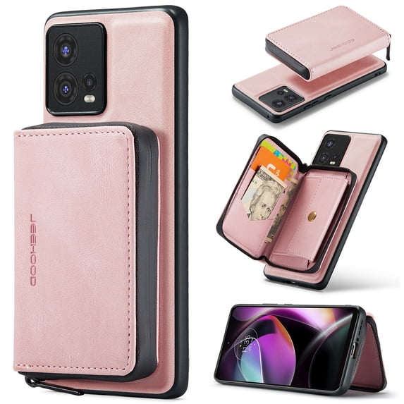 SaniMore Case for Motorola Moto S30 Pro 6.55" 2022, PU Leather Case Detachable Magnetic Zipper Wallet Card Slots Kickstand Wireless Charging Anti-drop Shockproof 360°Protection Case, Pink