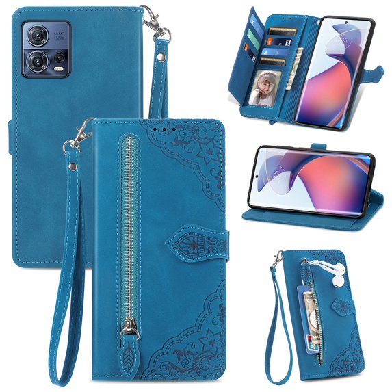 SaniMore Case for Motorola Moto S30 Pro 6.55" 2022, PU Leather Zipper Wallet Detachable Lanyard Retro Embossed Flower Crad Slots Flip Kickstand Full Body Protective Drop-proof Case, Blue
