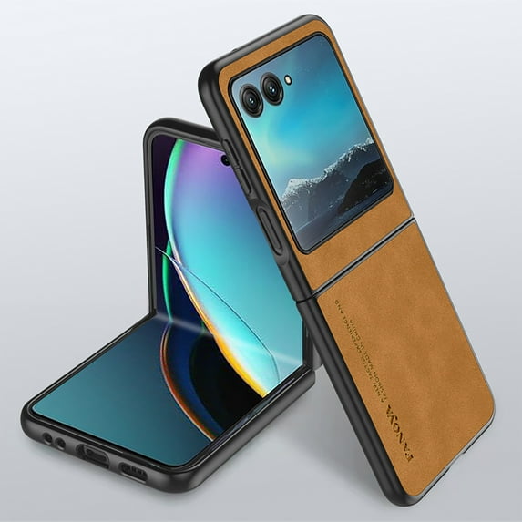 SaniMore Case for Motorola Razr 40 Ultra (2023), Luxury PU Leather Lens Protection Metal Hidden Bracket Slim Lightweight Shockproof Anti-fall Bumper Drop Resistant Shell- Brown