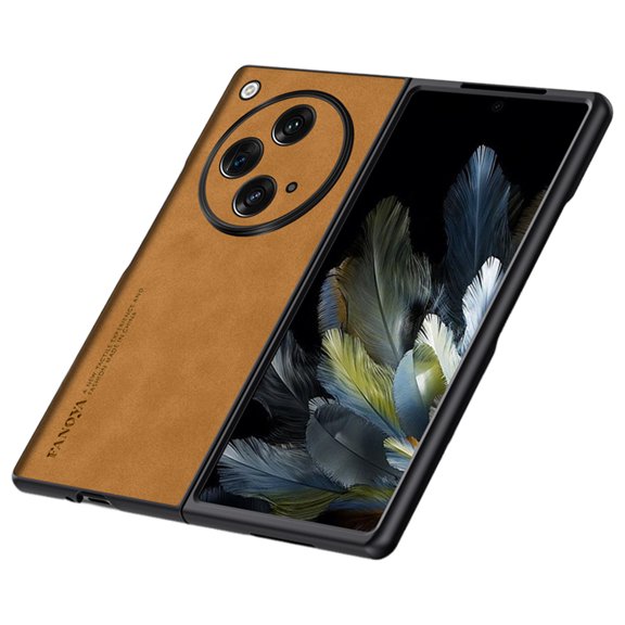 SaniMore Case for One Plus Open (2023), Luxury PU Leather Lens Protection Metal Hidden Bracket Slim Lightweight Shockproof Anti-fall Bumper Drop Resistant Shell for One Plus Open - Brown