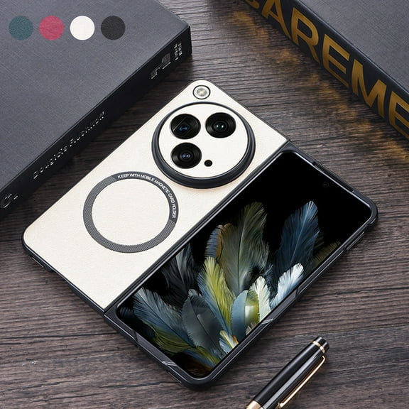 SaniMore Case for One Plus Open 2023 Release, Wear-resistant PU Leather Rugged PC Backplane Wireless Charging Slim Lightweight Anti-drop Shockproof Magnetic Cover, White