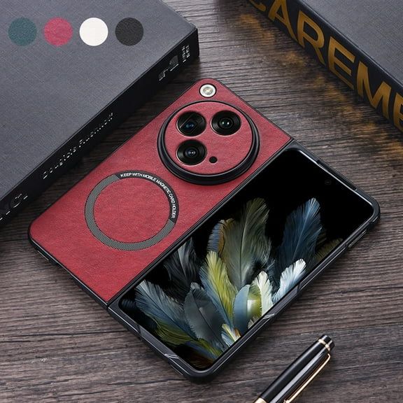 SaniMore Case for One Plus Open 2023 Release, Wear-resistant PU Leather Rugged PC Backplane Wireless Charging Slim Lightweight Anti-drop Shockproof Magnetic Cover, Red