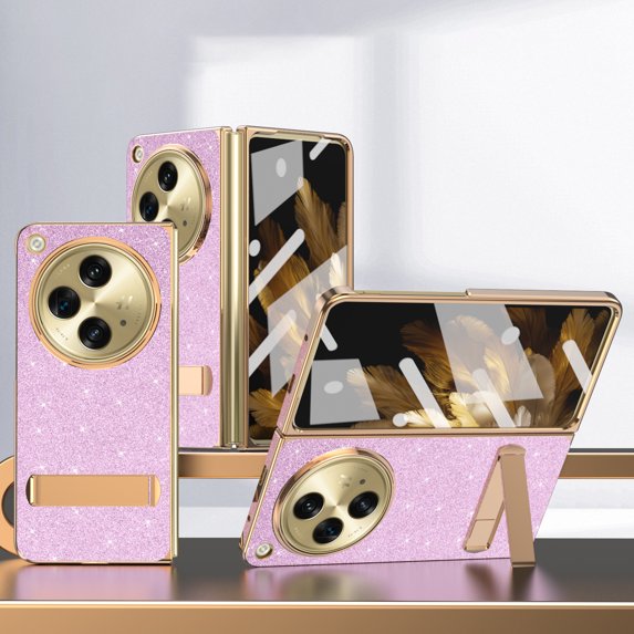 SaniMore Case for One Plus Open/Oppo Find N3 (2023), Luxury Glitter Stylish Rugged PC & Plating Bumper Foldable Bracket Slim Fit Shockproof Anti-drop Shell for Girls Women Stand Bumper Cover, Pink