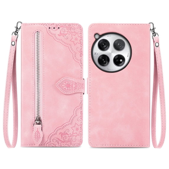 SaniMore Case for Oneplus 11R, PU Leather Zipper Wallet Detachable Lanyard Retro Embossed Flower Crad Slots Flip Kickstand Full Body Protective Drop-proof Case For Oneplus 11R, Pink