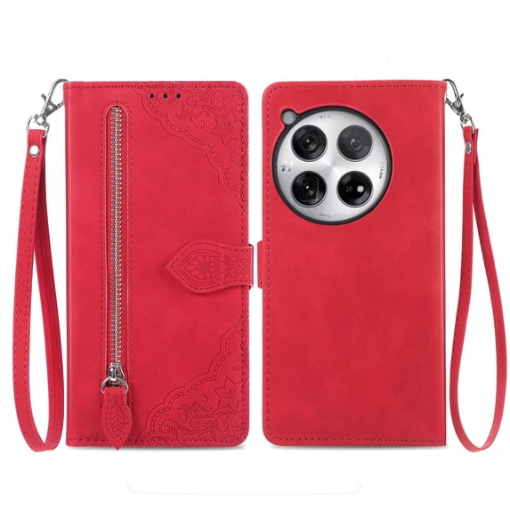 SaniMore Case for Oneplus 12R, PU Leather Zipper Wallet Detachable Lanyard Retro Embossed Flower Crad Slots Flip Kickstand Full Body Protective Drop-proof Case For Oneplus 12R, Red