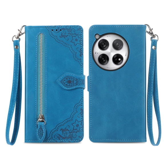 SaniMore Case for Oneplus 12R, PU Leather Zipper Wallet Detachable Lanyard Retro Embossed Flower Crad Slots Flip Kickstand Full Body Protective Drop-proof Case For Oneplus 12R, Blue