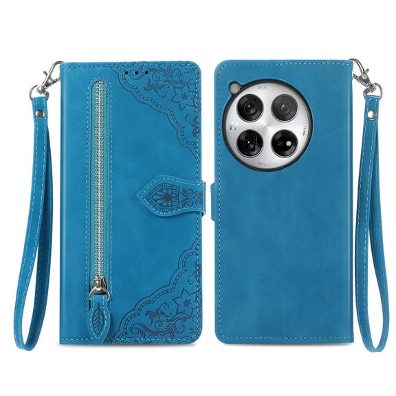 SaniMore Case for Oneplus 12R, PU Leather Zipper Wallet Detachable Lanyard Retro Embossed Flower Crad Slots Flip Kickstand Full Body Protective Drop-proof Case For Oneplus 12R, Blue